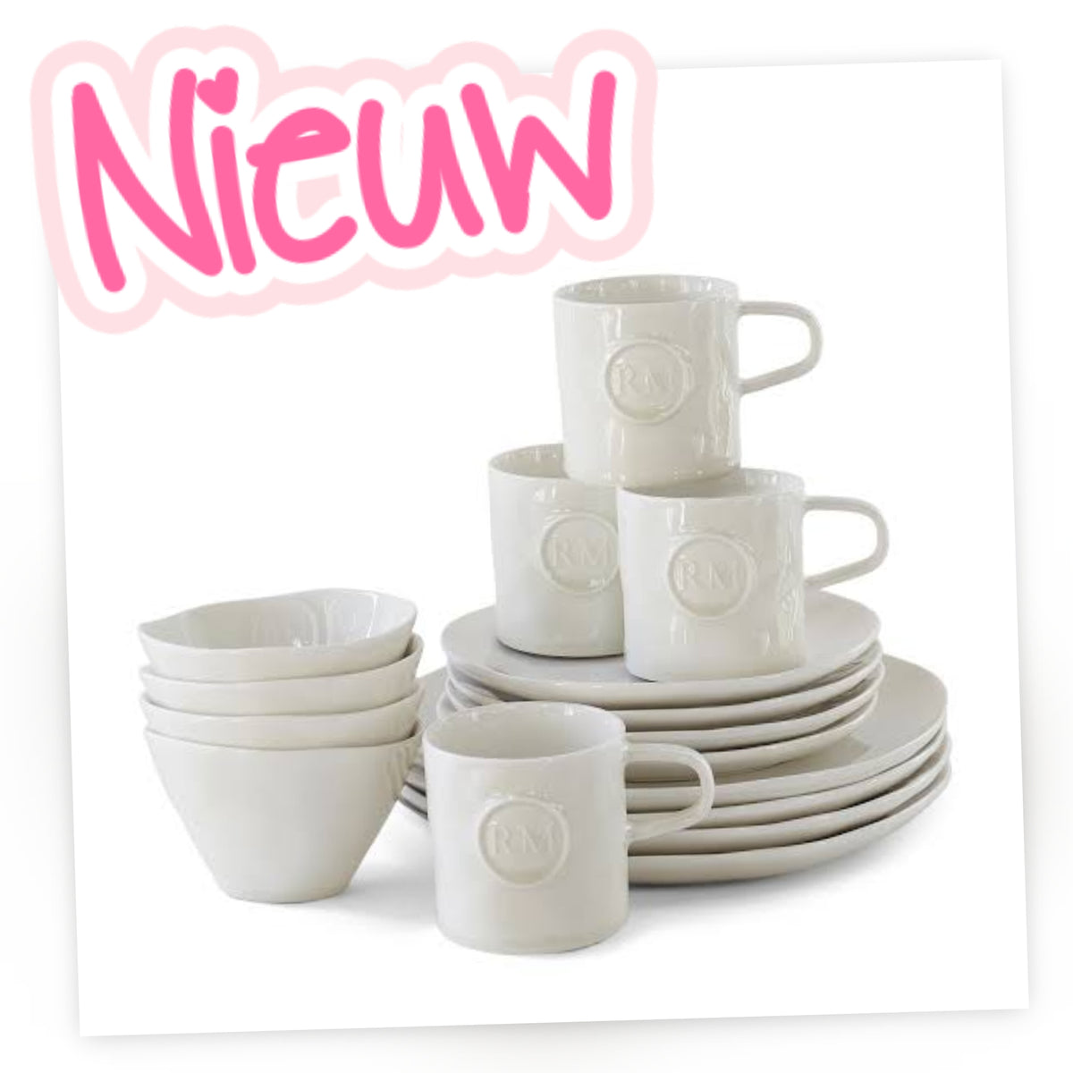 7448- ♡NIEUW♡ Riviera Maison - 16 delig Portofino Dinnerware servies. in de kleur wit €180,- Ophalen in Schiedam of in overleg in Maassluis